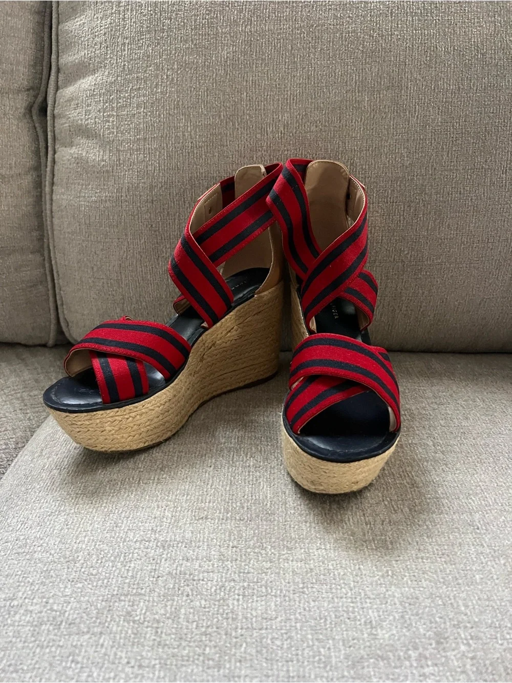 Tommy Hilfiger Red and Black Striped Espadrille Wedge Sandals